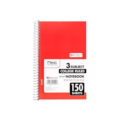 Mead 3-Subject Notebooks, 5.5" x 9.5", College Ruled, 150 Sheets, Assorted Colors, 12/Carton