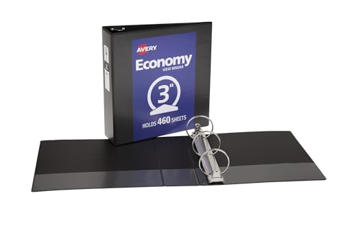 Avery Standard View 3 Ring Binder, 3" Round Rings, 460-Sheet Capacity, 3.5 Inch Wide Spine, 1 Black Binder, Ideal for Lightweight Organization and Occasional Referencing (05740) - size: 3"