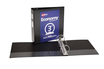 Avery Standard View 3 Ring Binder, 3" Round Rings, 460-Sheet Capacity, 3.5 Inch Wide Spine, 1 Black Binder, Ideal for Lightweight Organization and Occasional Referencing (05740) - size: 3"