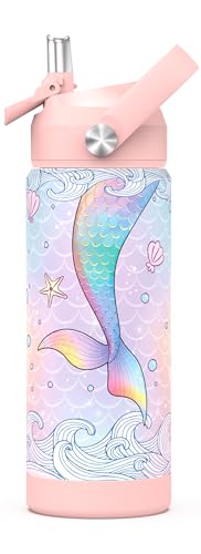 Girls Water Bottle with Straw,18 oz Kids Insulated Cups with Stainless Steel Leak Proof for School,Sport&Travel（Mermaid） - color: A19.Mermaid