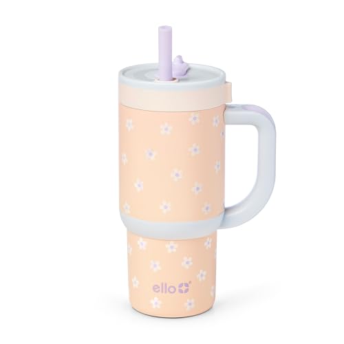 Ello Oasis 14oz Stainless Steel Toddler Tumbler with Handle & Retracting Straw, 100% Leakproof, Double-Wall Vacuum Insulated, Kids Water Bottle for School, BPA Free, Dishwasher Safe, Orange Daisies - color: Orange Daisies, size: 14 Ounces