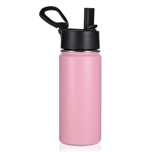 Volhoply Kids Insulated Water Bottle with Straw,16oz Stainless Steel Cold Water Bottles for School,BPA-Free Metal Wide Mouth Cups with Handle Lid,Reusable Double Wall Vacuum Sport Flask(Pink,1) - color: Pink