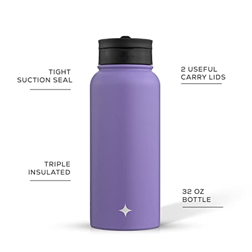 JoyJolt Triple Insulated Water Bottle with Straw Lid AND Flip Lid! 32oz Large Water Bottle, 12 Hour Hot/Cold Vacuum Insulated Stainless Steel Bottle. BPA-Free Leakproof Water Bottles - Thermos Bottle - color: Lilac Purple, size: 32 Ounces