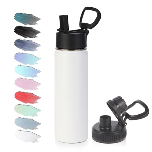 Volhoply 20oz Insulated Stainless Steel Water Bottle with Straw Lid, Kids Wide Mouth Double Wall Vacuum Cups with Handle,Reusable Outdoor Sports Metal Bottles,Travel Flask Keep Cold&Hot(White,1) - color: White