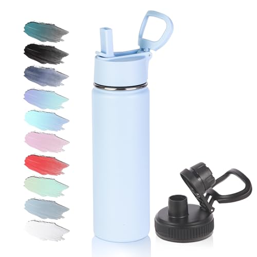 Volhoply 20oz Insulated Stainless Steel Water Bottle with Straw Lid, Kids Wide Mouth Double Wall Vacuum Cups with Handle,Reusable Outdoor Sports Metal Bottles,Travel Flask Keep Cold&Hot(Blue,1) - color: Blue