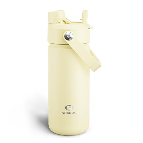 ENCOOL Insulated Water Bottle with Straw Stainless Steel Water Bottle, Leak-Proof, BPA-Free, Double Wall Vacuum Keeps Cold for 24 Hours for Sports, Travel, School (18 oz, Light Vanilla) - color: Light Vanilla, size: 18 Ounces