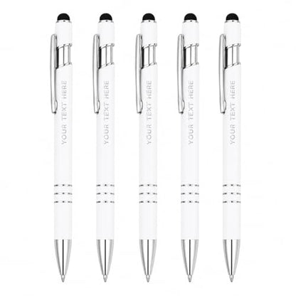 Ultima Softex Stylus Pen (5 Pack) – Soft‑Touch Rubberized Metal Pen with Touchscreen Stylus, Chrome Accents & Smooth Writing Cartridge – 5 Custom Engraved Promotional Pens - color: White