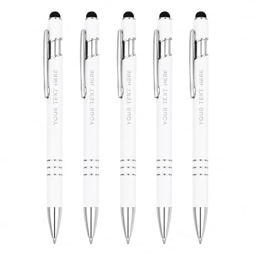 Ultima Softex Stylus Pen (5 Pack) – Soft‑Touch Rubberized Metal Pen with Touchscreen Stylus, Chrome Accents & Smooth Writing Cartridge – 5 Custom Engraved Promotional Pens - color: White