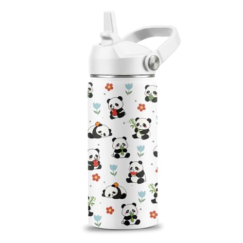 Panda Gifts for Girls Boys, 16 oz Water Bottle with Straw Lid, Panda Water Bottle, Stainless Steel Insulated Tumbler, Cute Animals Cups, Birthday Gifts for Animal Lovers - color: Panda