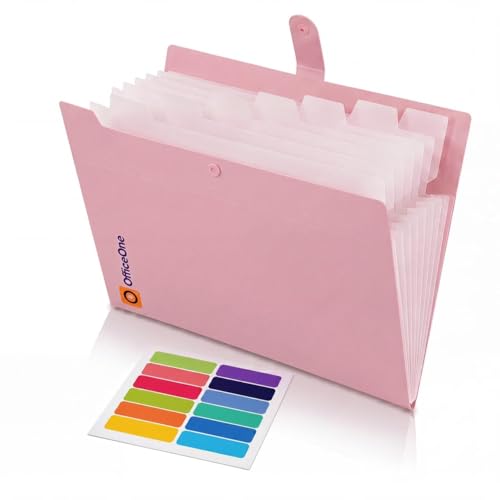 OfficeOne 8-Pocket Expanding File Folder, A4 Letter Size Accordion Document Organizer with Snap Closure, Labeled Tabs & Customizable Color-Coding Stickers, Home Office School (Dusty Pink)