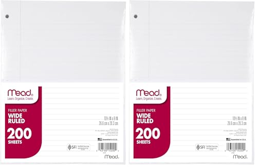 Mead Loose Leaf Paper,Wide Ruled Filler Notebook Paper,8" x 10-1/2",200 Sheets,Fits 3-Ring Binder (15200),(Pack of 2) - size: 2 Pack, style: 200 Sheets