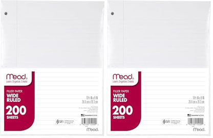 Mead Loose Leaf Paper,Wide Ruled Filler Notebook Paper,8" x 10-1/2",200 Sheets,Fits 3-Ring Binder (15200),(Pack of 2) - size: 2 Pack, style: 200 Sheets