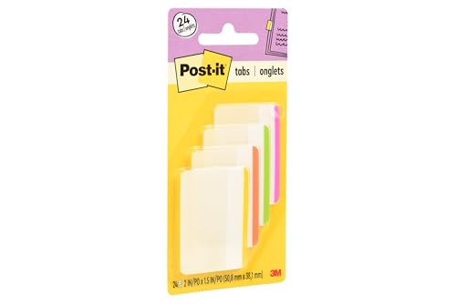 Post-it Sticky Tabs, 2 in. x 1.5 in., 4 Pads in Assorted Bright Colors for bookmarking, annotating, Reading, and Reminders, Green, Pink, Yellow, and Orange (24 Total Count) - size: 0.3" x 2.8"