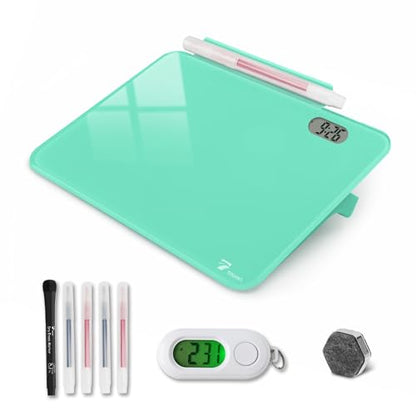 Small Glass Desk Whiteboard Dry-Erase Board with Clock, Small Travel Clock Keychain with Desk Notepad, Time Table Whiteboard for Desk Digital LED Light Display, 8x6 in with Accessories, Turquoise - color: Turquoise With Clock