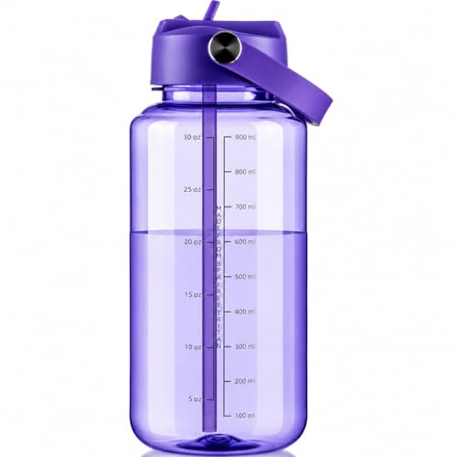 OLDLEY 32oz Water Bottle with Straw,Leakproof Tritan Clear Bottle with Marked Bottle and Carry Handle, BPA-Free Wide Mouth Reusable Sports Water Bottle for Gym,Hiking, Camping, Travel, Workout,Purple - color: Purple