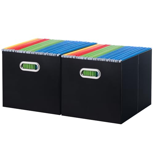 Oterri Portable Collapsible Cardboard File Box with Handle for Letter-Size | 2-Pack. Stainless Steel Handle. Label Stickers Included. Fits Letter Folders (Not Included). Home, Office, School, Dorm, Tax. - color: Black, size: Letter Size - 2 Packs-Large