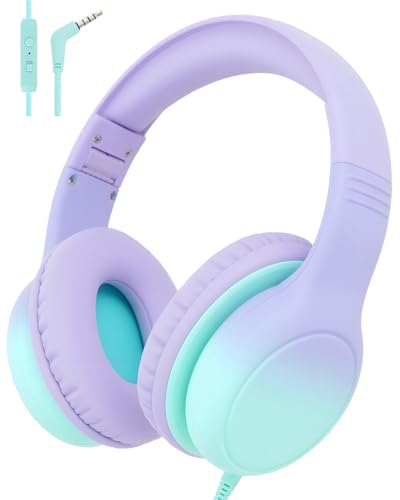 Over Ear Kids Headphones with HD Mic, Safe Volume Limited Wired Headphones for School, Travel, Stereo Sound Headphones with Cord, Foldable 3.5mm Headphones for iPad, Laptop, PC, Purple-Green - color: Purple-Green