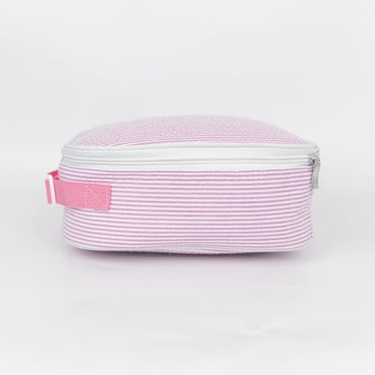 MT WORLD Personalized Lunch Bag Tote Custom Embroidery Name Reusable Seersucker Stripe Pattern Insulated Lunch Box - color: Pink