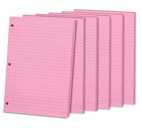 Pink Loose Leaf Paper, 300 Sheets, Wide Ruled, 8" x 10.5", 6 Pack Lined Paper, Notebook Paper Reinforced Filler Paper College Rules, 3 Hole Punched, College Ruled Binder Paper for School & Office - color: Pink