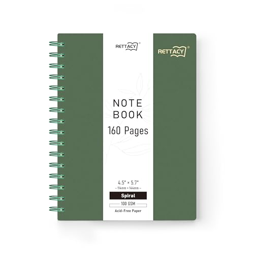 RETTACY Pocket Journal Notebook, 160 Lined Pages, A6 Mini Small Size (4.5" × 5.7"), for Work, Journaling, Writing, 100 GSM Thick Paper, Spiral-bound, Flexible Plastic Cover (Dark Green) - color: Dark Green, size: 4.5" x 5.7"