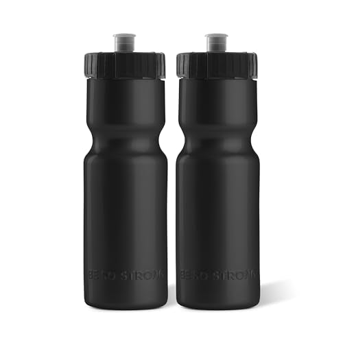 50 Strong Sports Water Bottles – Reusable 22 oz BPA-Free Plastic Bottles with Pull Top Cap – Made in USA – Top Rack Dishwasher Safe – Fits Most Bike Cages Brand - color: Black, style: 2 Pack