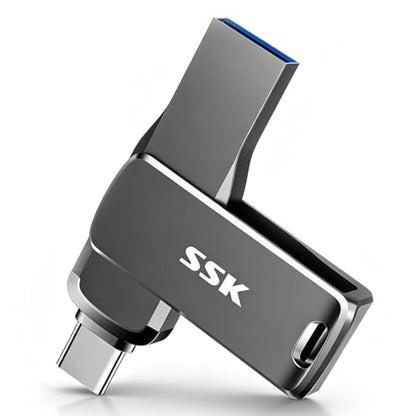 SSK 128GB USB Flash Drive,Up to 450MB/s Read,2 in 1 USB C+A Thumb Drive | USB 3.2 Gen 2 Memory Stick, 1GB in 2.3s, Zinc Alloy Keyhole, for iPhone 15/16/17, Android, Laptop, Car Audio - size: 128GB