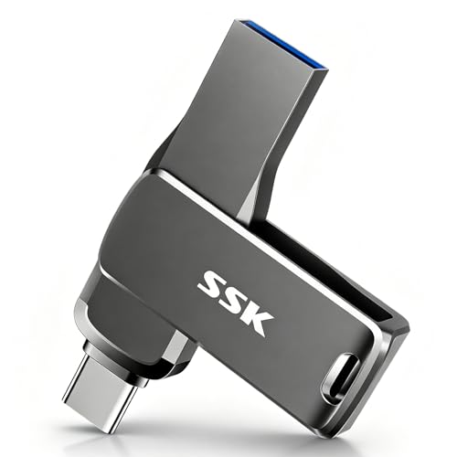 SSK 128GB USB Flash Drive,Up to 450MB/s Read,2 in 1 USB C+A Thumb Drive | USB 3.2 Gen 2 Memory Stick, 1GB in 2.3s, Zinc Alloy Keyhole, for iPhone 15/16/17, Android, Laptop, Car Audio - size: 128GB