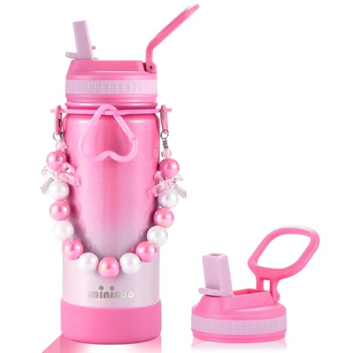 Mininoo Kids Water Bottle for School - 16 oz Stainless Steel Insulated Water Bottle with Ceramic-Lined, Leakproof Straw Lid & Beaded Handle for Girls & Boys - color: Sparkle Peach