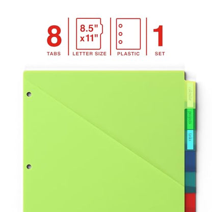 Staples Large Tab Plastic Insertable Pocket Dividers, 8-Tab Set, Multicolor – Durable Write‑On Binder Dividers with Pockets for 3‑Ring Binders
