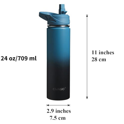 CIVAGO 24 oz Insulated Water Bottle With Straw, Stainless Steel Sports Water Flask Cup with 3 Lids (Straw, Spout and Handle Lid), Double Walled Travel Thermal Canteen Mug, Army Green - color: Army Green, size: 24 Ounces