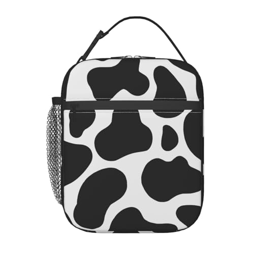 Miaoquhe Cow Lunch Box for Women Men Insulated Reusable Black and White Cow Print Lunch Bag with Pocket Cute Cow Print Thermal Cooler Tote Bag for School Office Work Picnic Hiking Camping - color: Black and White Cow Print, size: 10x4x8 Inch