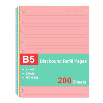 (2 Pack)9 Disc Discbound Refill Paper, Loose Leaf Paper, 9 Disc Prepunched Paper for Happy Planner Inserts, 5 Colors(40 Sheets/C), Total 200 Sheets/400 Pages, College Ruled, 110gsm, 7 X 9.2.5 Inch - size: 200 Sheets