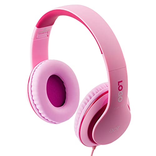 iJoy Premium Headphones with Microphone for Kids Kid Safe Over-Ear Headphones with Hearing Protection for Boys & Girls- Kid’s Adjustable Headset with Mic for School, Music- Blue (Pink)