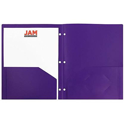 JAM PAPER Heavy Duty Plastic 3 Hole Punch Pocket Folders - Extra Tough School Folders - Purple - 6/Pack - color: Purple, size: 6 Per Pack