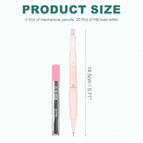 M&G 2Pcs Mechanical Pencil Set, 0.9mm Mechanical Lead Pencils with 20PCS HB Lead Refills for Drafting Sketching Art Class Writing Office Classroom, Pink