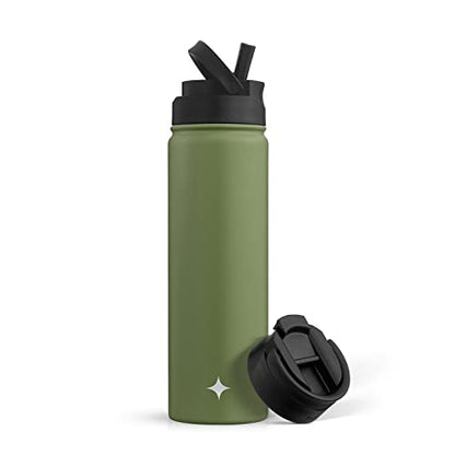 JoyJolt Triple Insulated Water Bottle with Straw Lid AND Flip Lid! 22oz Water Bottle, 12 Hour Hot/Cold Vacuum Insulated Stainless Steel Water Bottle. BPA-Free Leakproof Water Bottles - Thermos Bottle - color: Forest Green, size: 22 Ounces