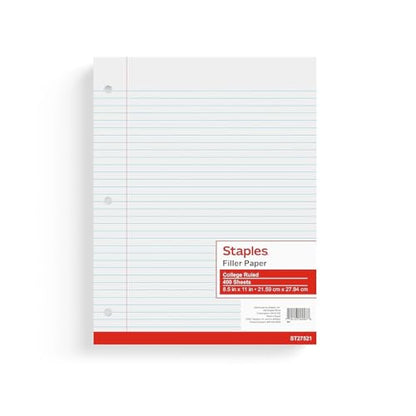 STAPLES College Ruled Filler Paper, 8.5” x 11”, White, 400‑Sheet Pack - size: 8.5'' x 11'', style: 400 Sheets