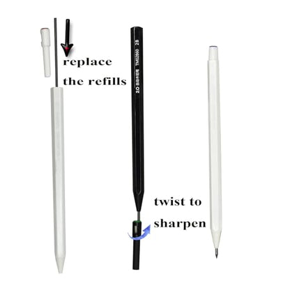 12-Pack Hexagonal Mechanical Pencils 2.0mm, 2B Lead Grade, with Built-in Sharpener (Black & White Mix) + 10 Extra Refill Leads