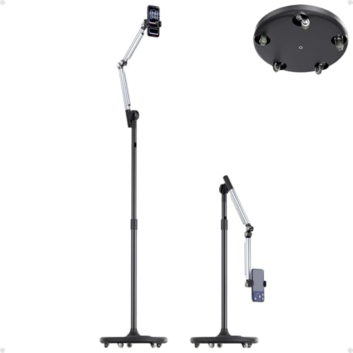 Floor Phone Stand for Recording, Overhead Phone Mount with Wheels and Weight Base, Free Rotation Aluminum Digital Heavy Duty Stand with Adjustable Angles & Height for Content Creation