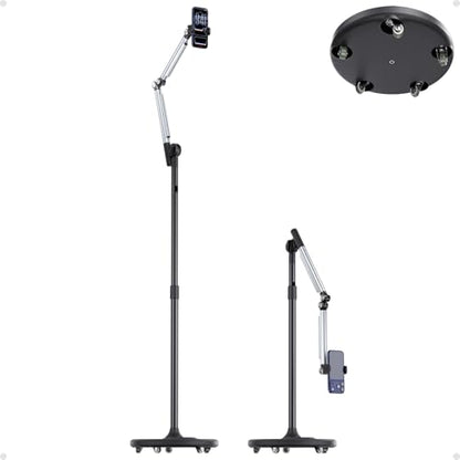 Floor Phone Stand for Recording, Overhead Phone Mount with Wheels and Weight Base, Free Rotation Aluminum Digital Heavy Duty Stand with Adjustable Angles & Height for Content Creation
