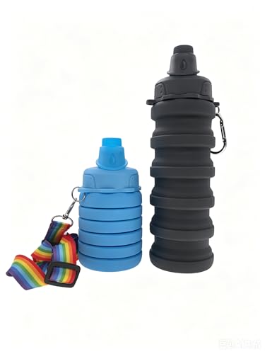 Collapsible Water Bottles Silicone Foldable Reusable Leakproof Travel Water Bottle 17.6oz With Mountaineering Buckle And Adjusting Rope For Sports Camping Hiking Cycling Yoga（Dark Gray And Light Blue） - color: Dark Gray + Light Blue