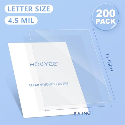 HOUYEE 200 Pack 4.5 Mil PVC Binding Presentation Covers, Clear Report Cover Sheets for Binding, Square Corner, 8.5 x11 Inches, Letter Size - size: 4.5mil,200P
