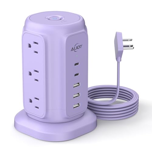 AiJoy Flat Plug Power Strip Tower with 9 AC Outlets and 5 USB Ports | USB Charging Station with 1200J Protection, 6 Feet Extension Cord for Apartment Essentials, Desk Accessories for Women - color: Purple