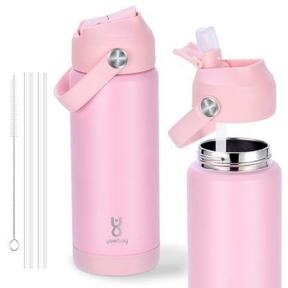 18oz Kids Insulated Water Bottle with Straw Lid & Silicone Handle,Kids Leak Proof Water Bottle for School Boys Girls,Double Wall Vacuum Stainless Steel with Non-slip Silicone Base(LightPink) - color: Light Pink, size: 18 Ounces