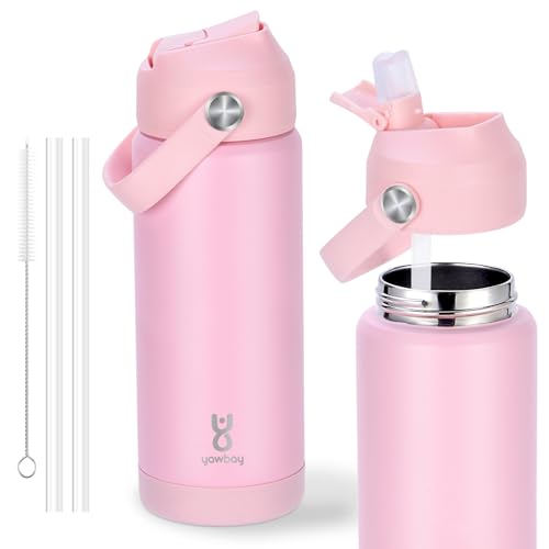 18oz Kids Insulated Water Bottle with Straw Lid & Silicone Handle,Kids Leak Proof Water Bottle for School Boys Girls,Double Wall Vacuum Stainless Steel with Non-slip Silicone Base(LightPink) - color: Light Pink, size: 18 Ounces
