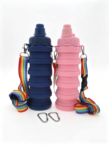 Collapsible Water Bottles Silicone Foldable Reusable Leakproof Travel Water Bottle 17.6oz With Mountaineering Buckle And Adjusting Rope For Sports Camping Hiking Cycling Yoga（Dark blue And pink ） - color: Dark Blue + Pink