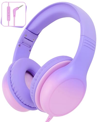 Over Ear Kids Headphones with HD Mic, Safe Volume Limited Wired Headphones for School, Travel, Stereo Sound Headphones with Cord, Foldable 3.5mm Headphones for iPad, Laptop, PC, Purple-Pink - color: Purple-Pink