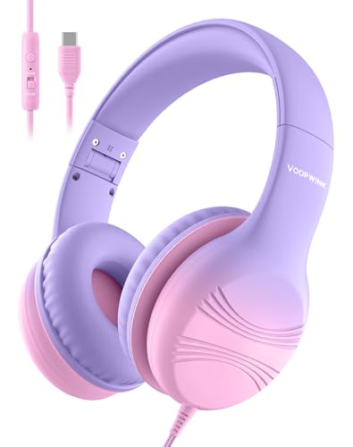 Voopwink USB Type C Kids Headphones, Wired Headphones for Kids with Microphone 85/94dB Volume Limit, Stereo Sound Portable Over Ear Headphones for School/Travel/Tablet/iPad, Violet Pink - color: Violet Pink, size: USB Type C Plug