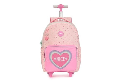 Wheels Rolling Kids Backpack for Elementary Luggage School Trolley Bag with Lunch Box 3pc Set (HEART PINK) - color: Heart Pink