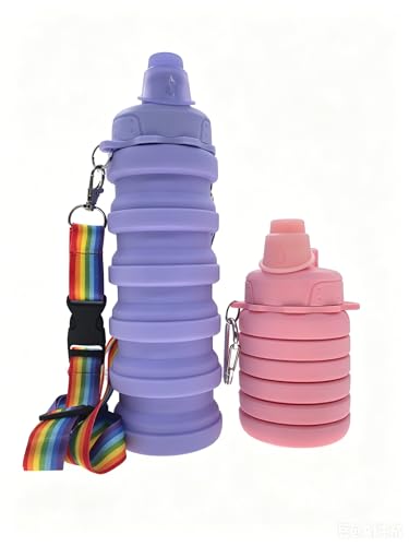 Collapsible Water Bottles Silicone Foldable Reusable Leakproof Travel Water Bottle 17.6oz With Mountaineering Buckle And Adjusting Rope For Sports Camping Hiking Cycling Yoga（Purple And Pink） - color: Purple + Pink